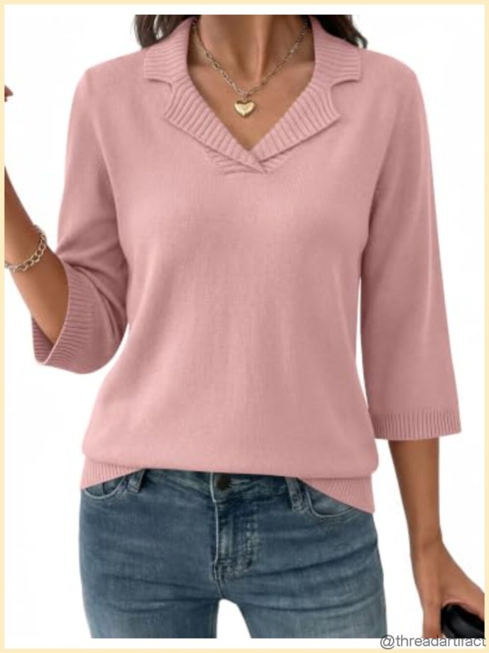 Womens Collared V Neck 3/4 Sleeve Knit Pullover Sweater